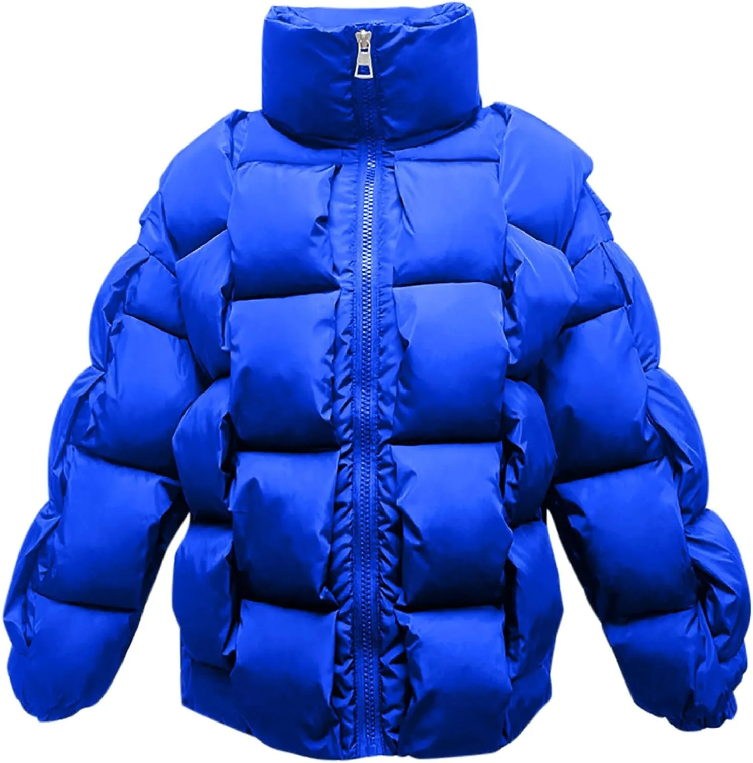 Women's Long Sleeve Puffer Jacket Winter Quilted Short Down Coat with Pockets Stand Collar Overcoat 2024 Trendy