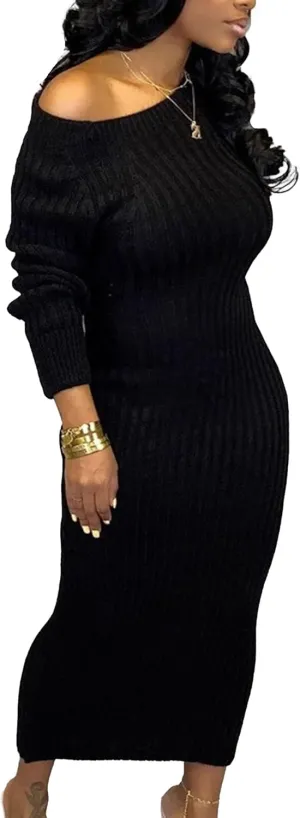 Women'S Long Sleeve Wrap Midi Knit Sweater Dress Elegant Backless Bodycon Sexy Open Back Club Cocktail Long Dress