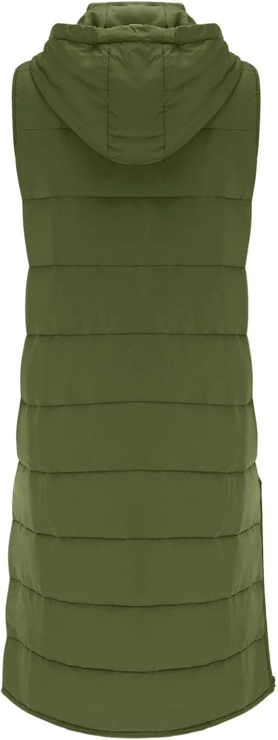 Women's Long Vest Sleeveless Lightweight Puffer Jacket Down Coat Quilted Vest Hood Warm Winter with Pocket Plus Size