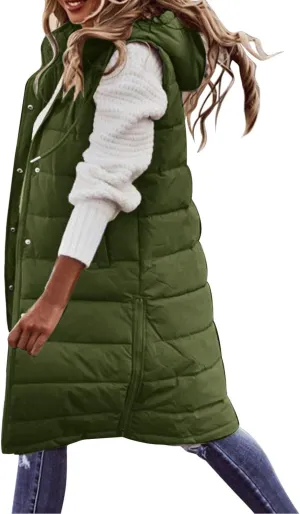 Women's Long Vest Sleeveless Lightweight Puffer Jacket Down Coat Quilted Vest Hood Warm Winter with Pocket Plus Size