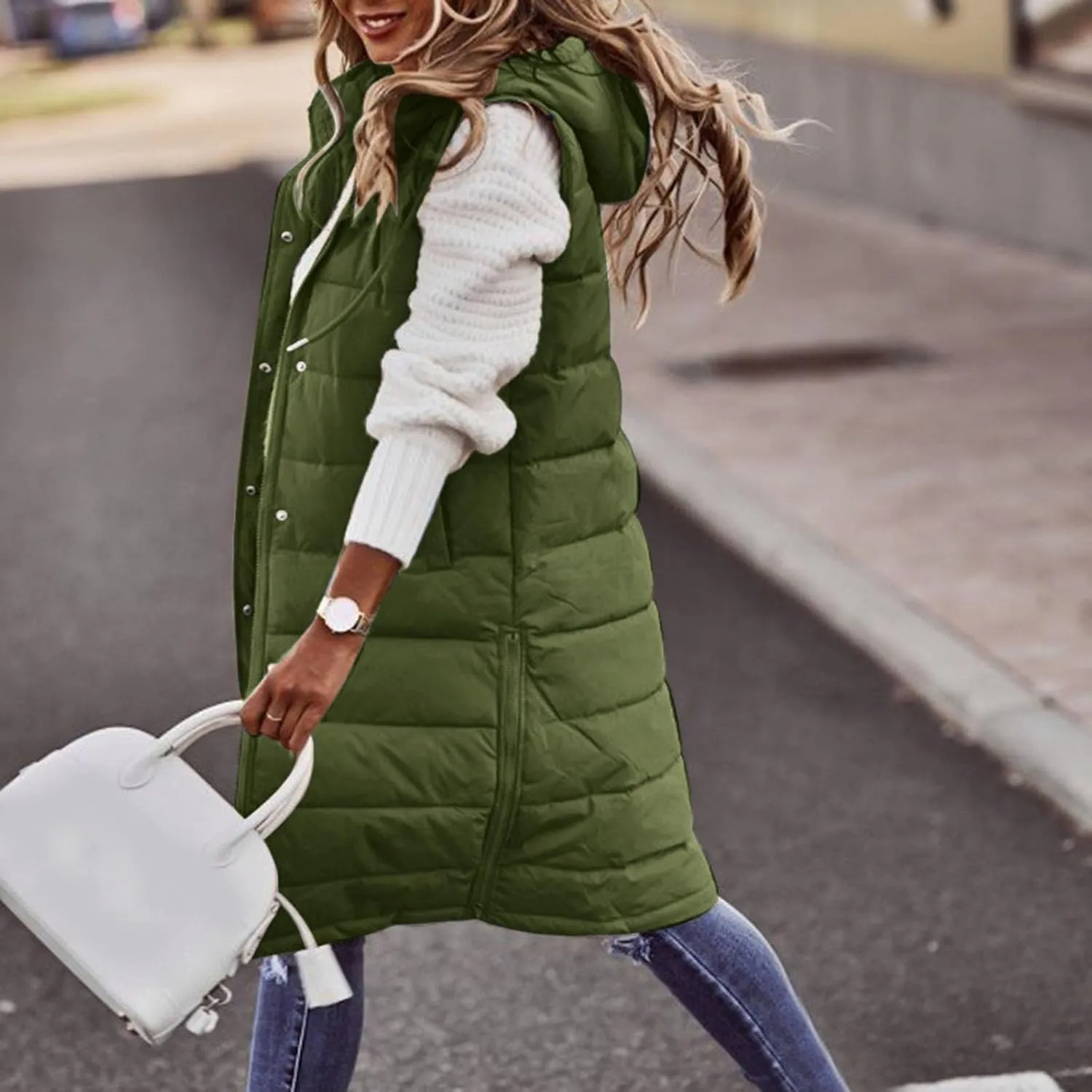 Women's Long Vest Sleeveless Lightweight Puffer Jacket Down Coat Quilted Vest Hood Warm Winter with Pocket Plus Size