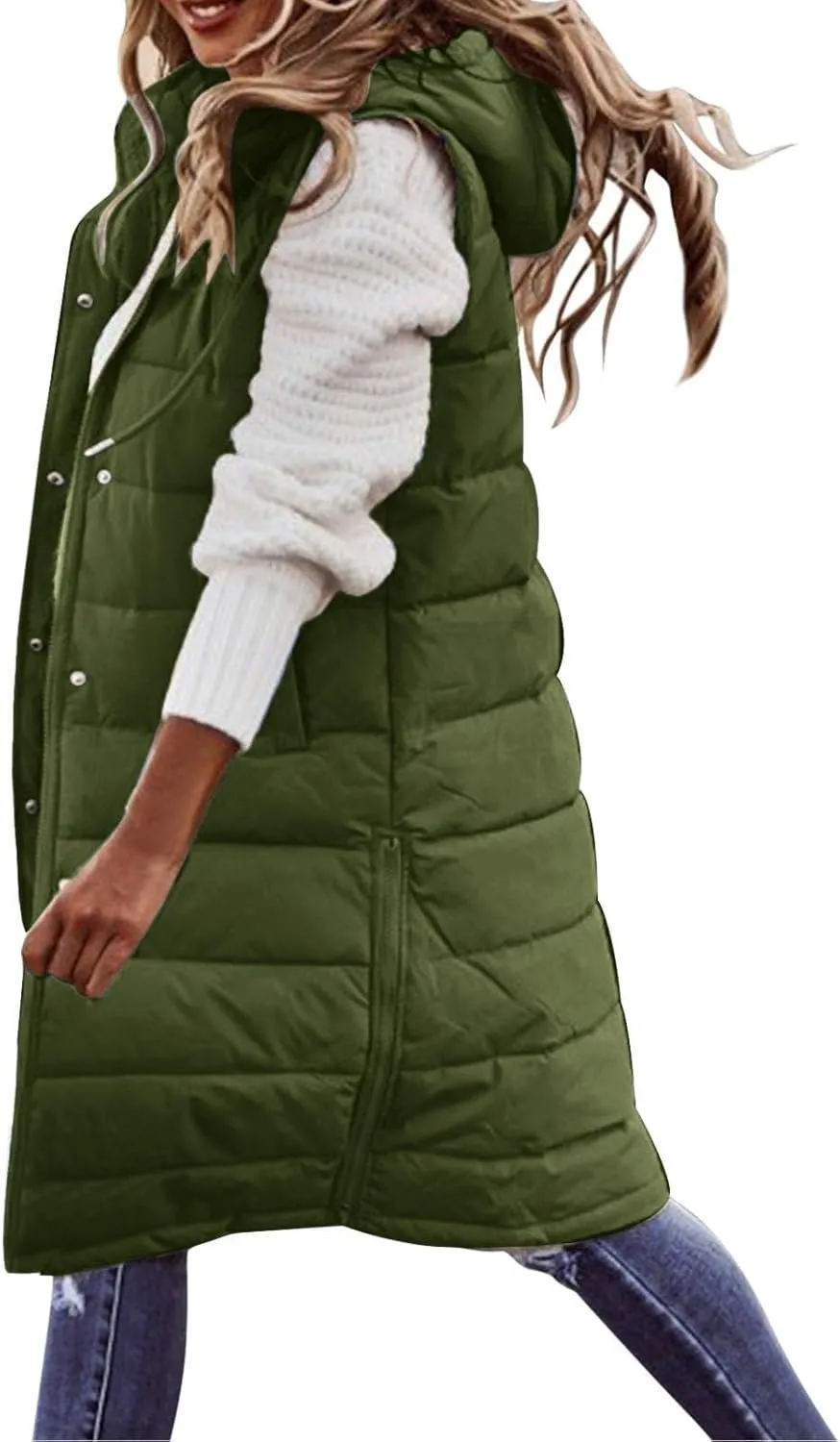 Women's Long Vest Sleeveless Lightweight Puffer Jacket Down Coat Quilted Vest Hood Warm Winter with Pocket Plus Size