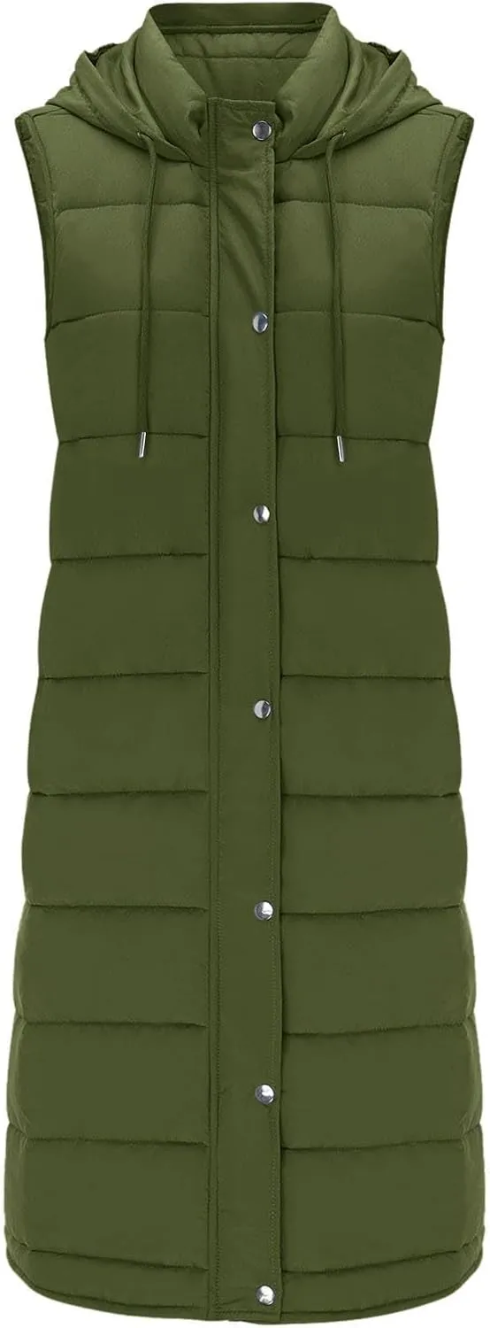 Women's Long Vest Sleeveless Lightweight Puffer Jacket Down Coat Quilted Vest Hood Warm Winter with Pocket Plus Size