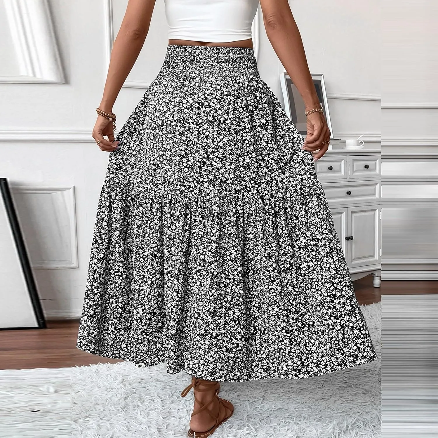 Womens Maxi Skirt Floral Boho Elastic High Waist Drawstring Pleated Beach Skirt A-Line Flowy Tiered Long Skirts