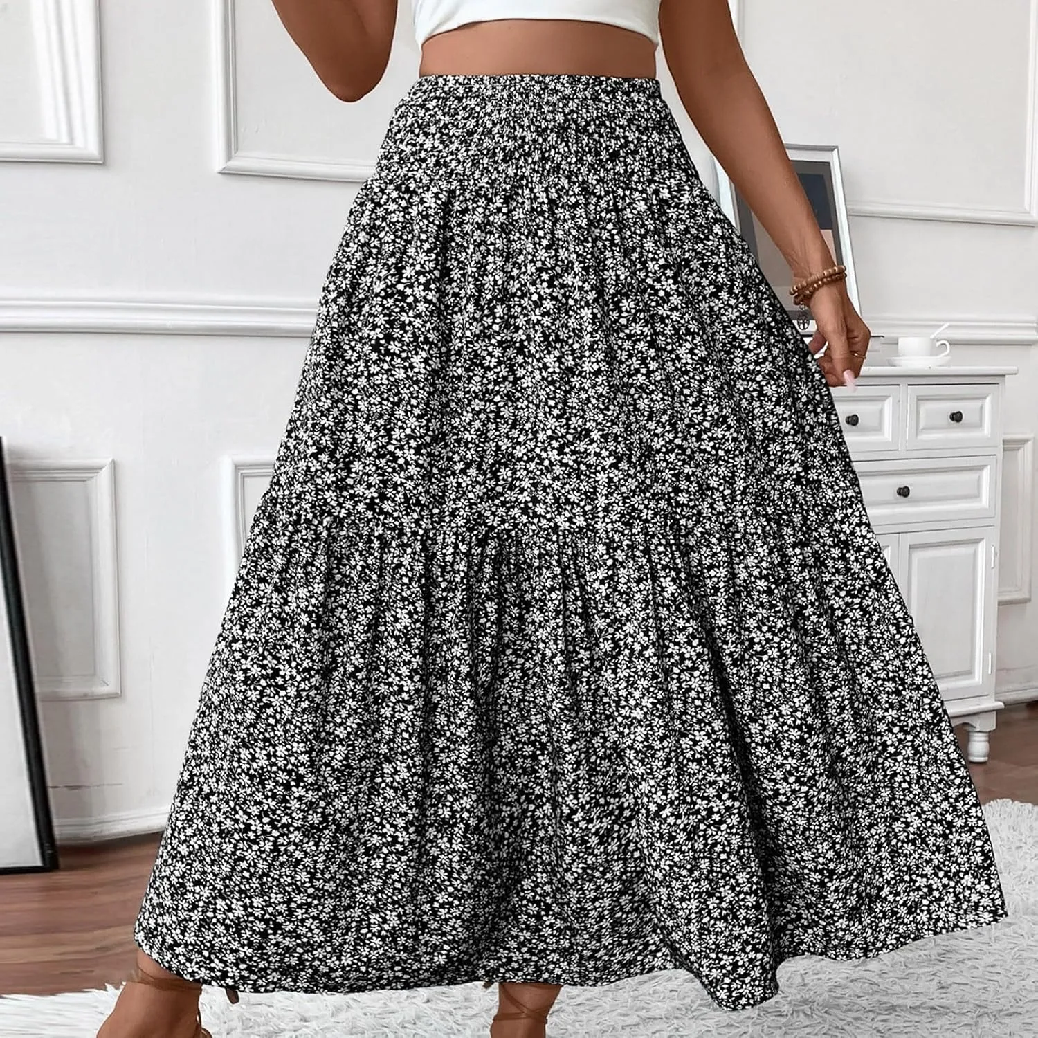 Womens Maxi Skirt Floral Boho Elastic High Waist Drawstring Pleated Beach Skirt A-Line Flowy Tiered Long Skirts