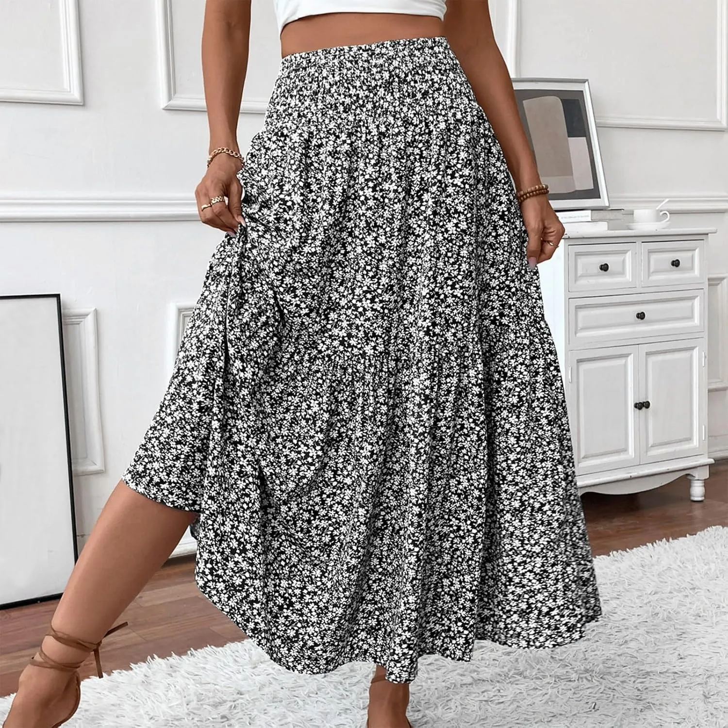 Womens Maxi Skirt Floral Boho Elastic High Waist Drawstring Pleated Beach Skirt A-Line Flowy Tiered Long Skirts