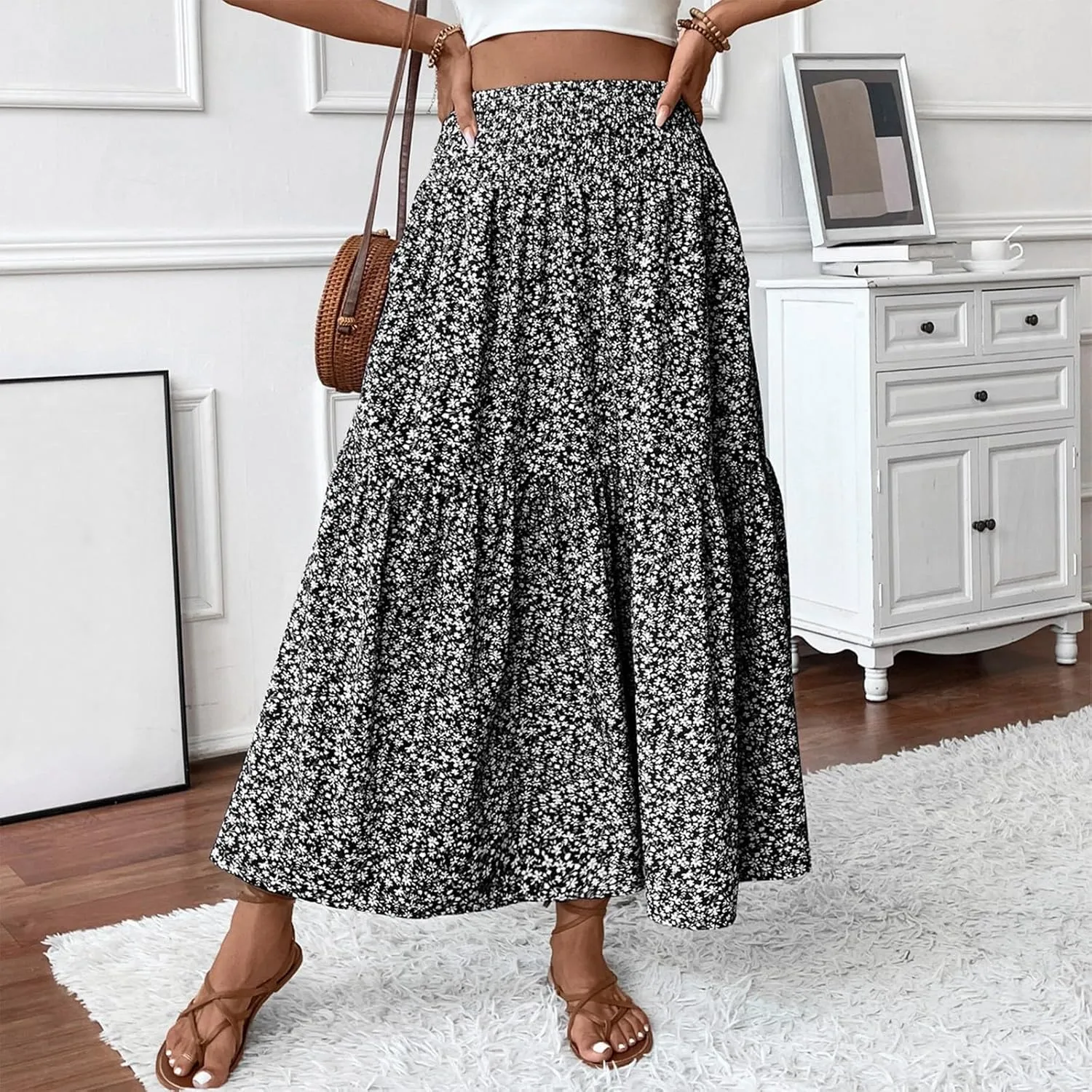 Womens Maxi Skirt Floral Boho Elastic High Waist Drawstring Pleated Beach Skirt A-Line Flowy Tiered Long Skirts