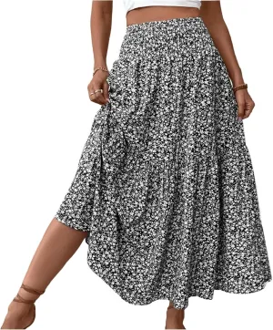 Womens Maxi Skirt Floral Boho Elastic High Waist Drawstring Pleated Beach Skirt A-Line Flowy Tiered Long Skirts
