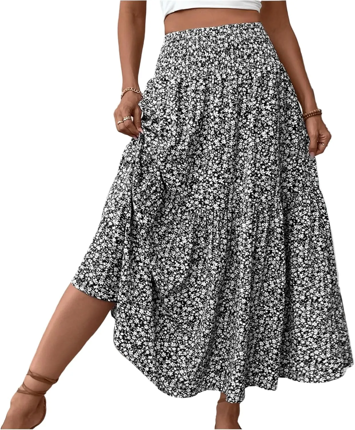 Womens Maxi Skirt Floral Boho Elastic High Waist Drawstring Pleated Beach Skirt A-Line Flowy Tiered Long Skirts