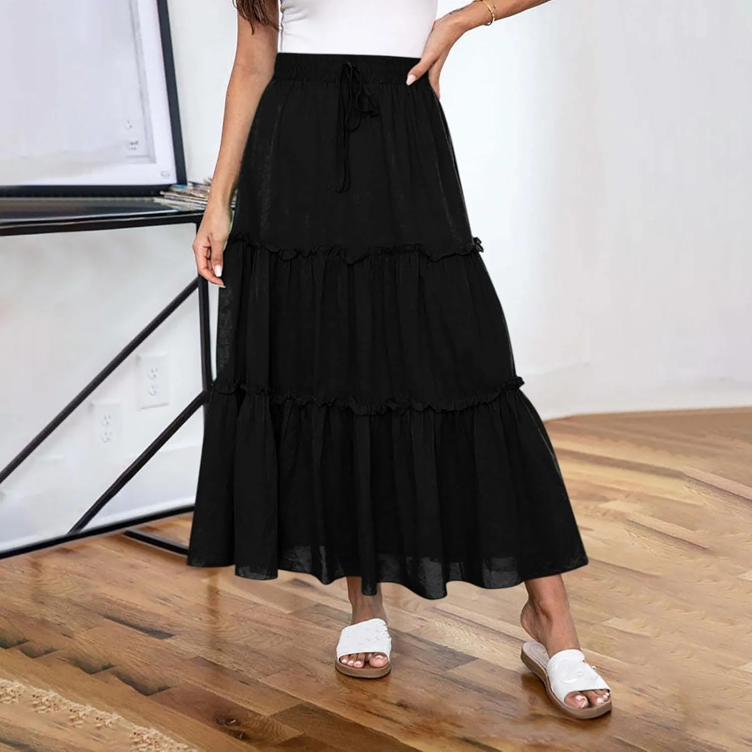 Women's Maxi Skirts Tiered A-Line Pleated Long Skirt Summer Drawstring High Waist Boho Beach Vacation Travel Outfits