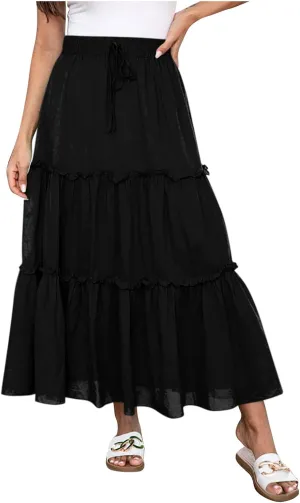 Women's Maxi Skirts Tiered A-Line Pleated Long Skirt Summer Drawstring High Waist Boho Beach Vacation Travel Outfits