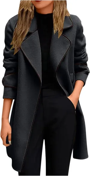 Women's Mid-Length Open Front Woolen Blend Coat with Belt, Elegant Wide Lapel Wool Blend Trench Coat Fall Outwear