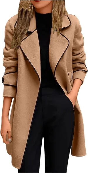 Women's Mid-Length Open Front Woolen Blend Coat with Belt, Elegant Wide Lapel Wool Blend Trench Coat Fall Outwear