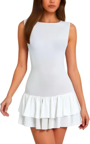 Womens Mini Dress Double Layered Ruffle Hem Ruched Tiered Skirt Bodycon Sleeveless Tank Slim Fit Corset Short