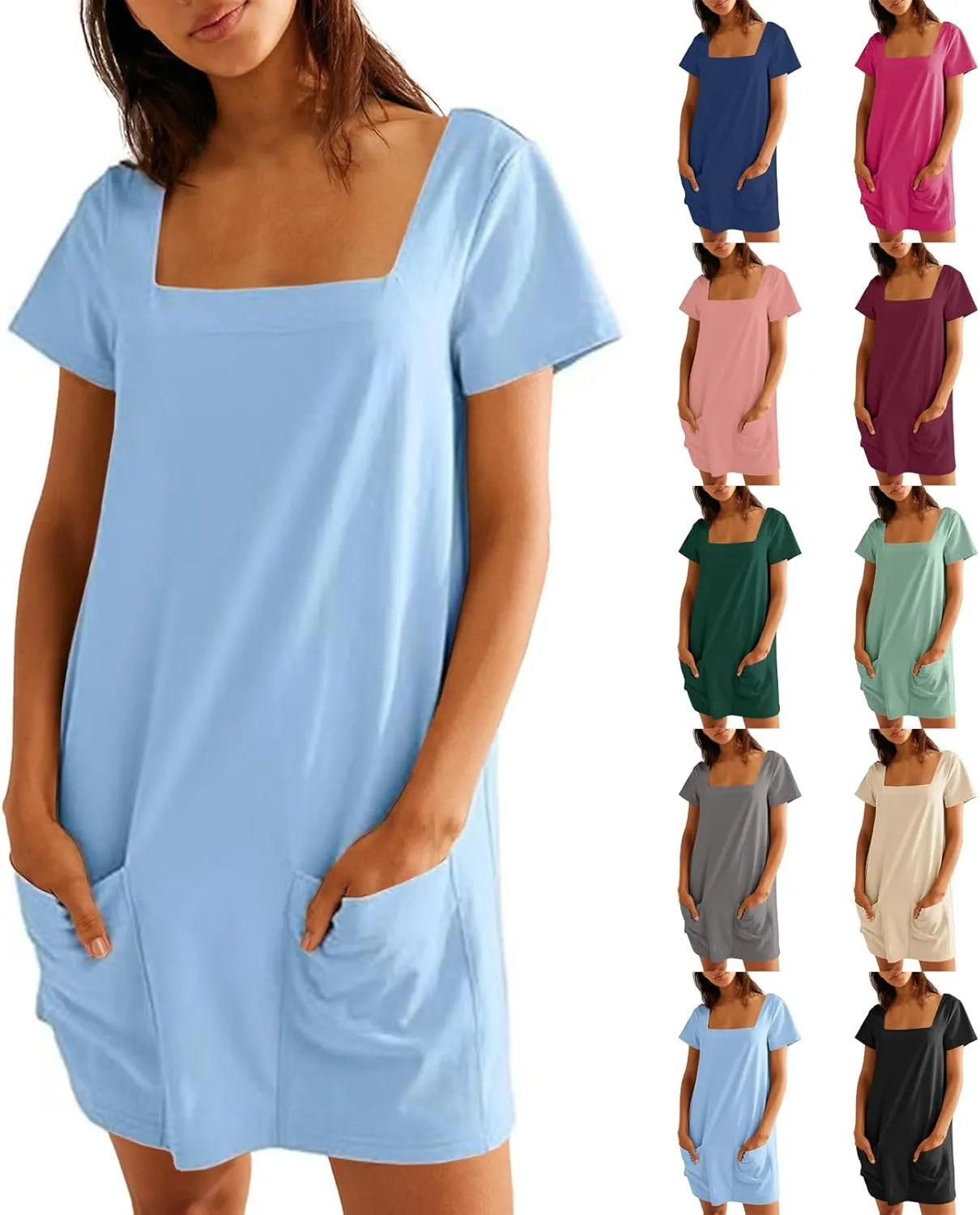 Womens Mini Dress Summer Square Neck Short Sleeve Shift Tshirt Dress Casual Cute Beach Vacation Dress with Pockets