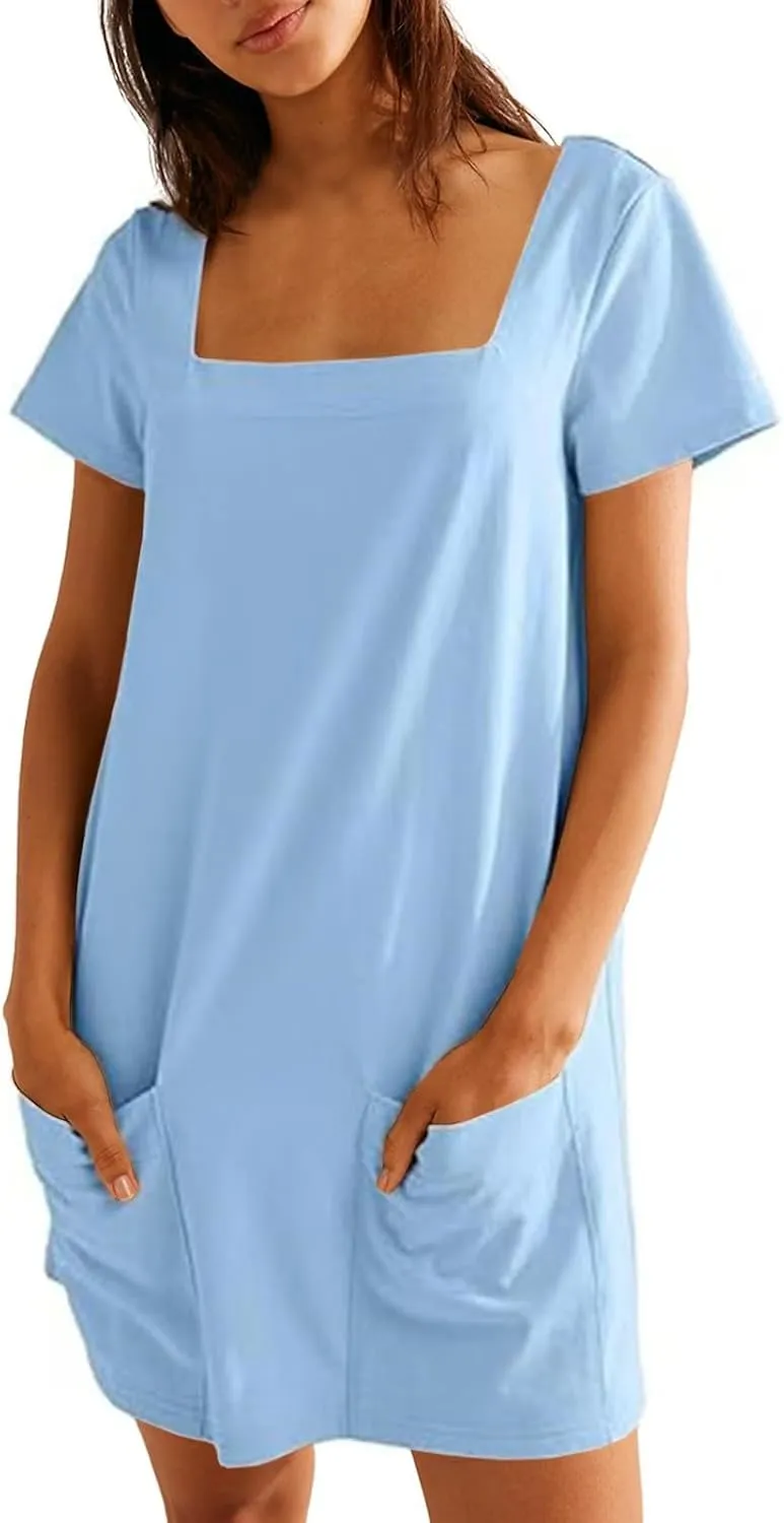 Womens Mini Dress Summer Square Neck Short Sleeve Shift Tshirt Dress Casual Cute Beach Vacation Dress with Pockets