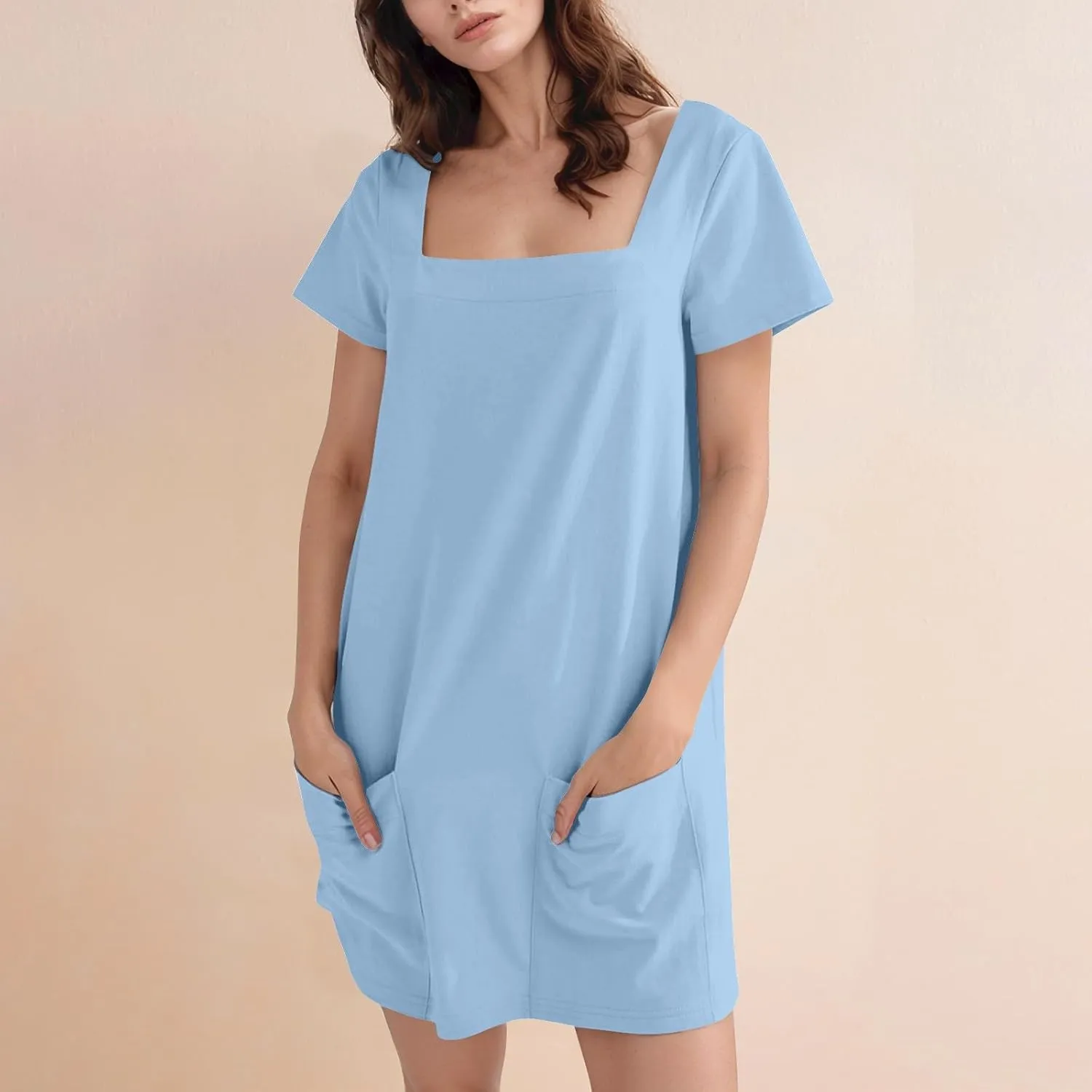 Womens Mini Dress Summer Square Neck Short Sleeve Shift Tshirt Dress Casual Cute Beach Vacation Dress with Pockets