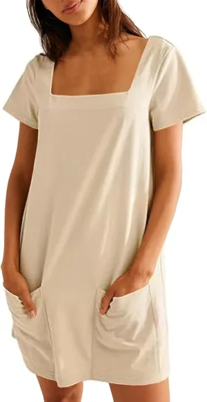 Womens Mini Dress Summer Square Neck Short Sleeve Shift Tshirt Dress Casual Cute Beach Vacation Dress with Pockets