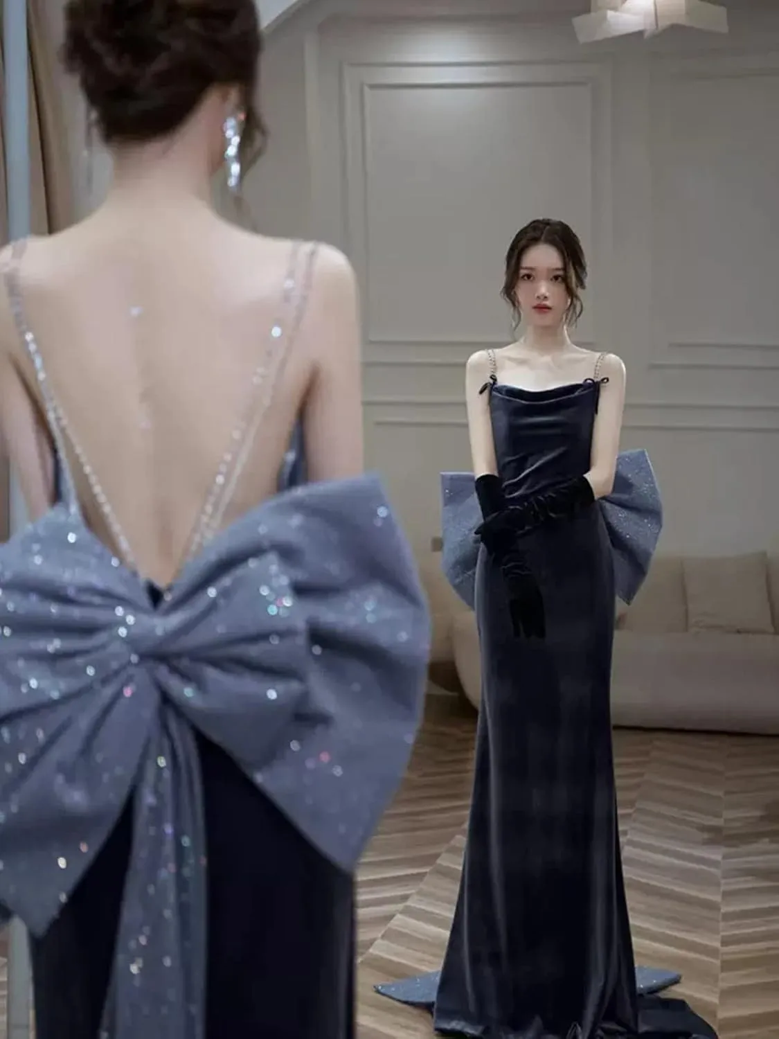Women's Open Back Velvet Bodycon Long Formal Evening Dresses with Bow