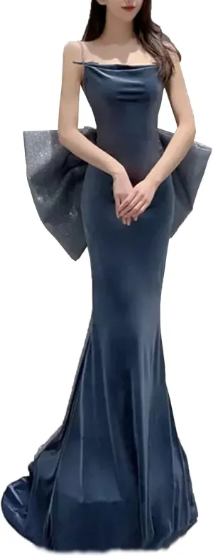 Women's Open Back Velvet Bodycon Long Formal Evening Dresses with Bow