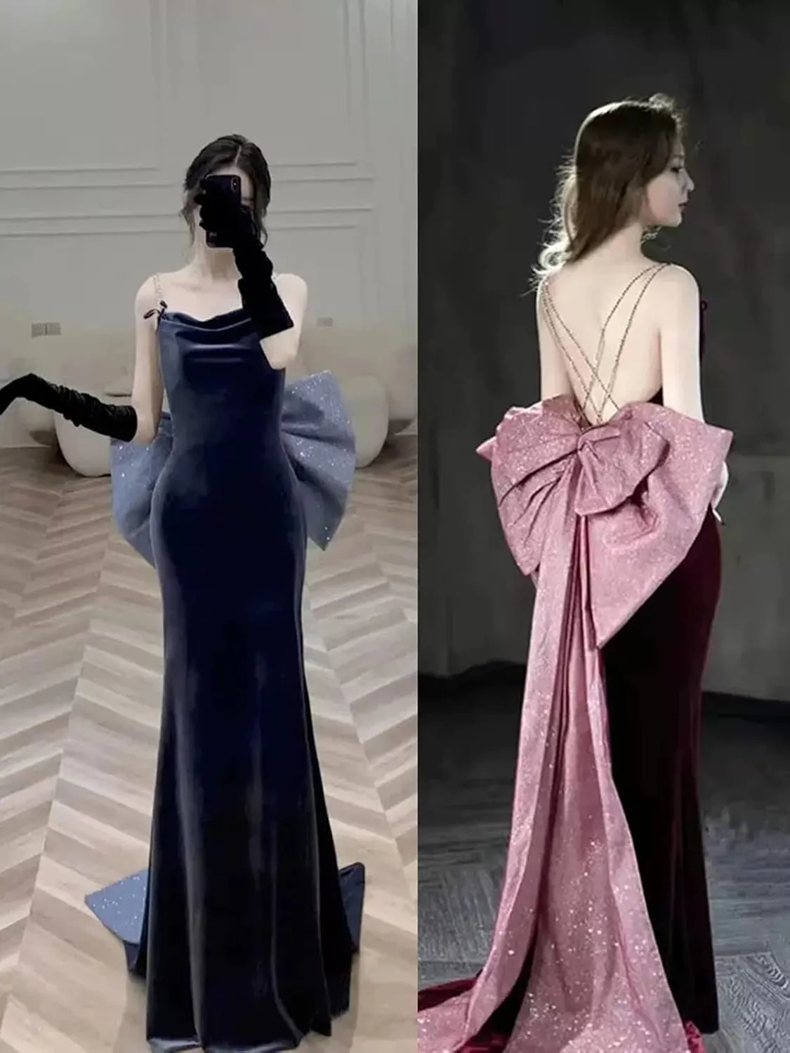 Women's Open Back Velvet Bodycon Long Formal Evening Dresses with Bow