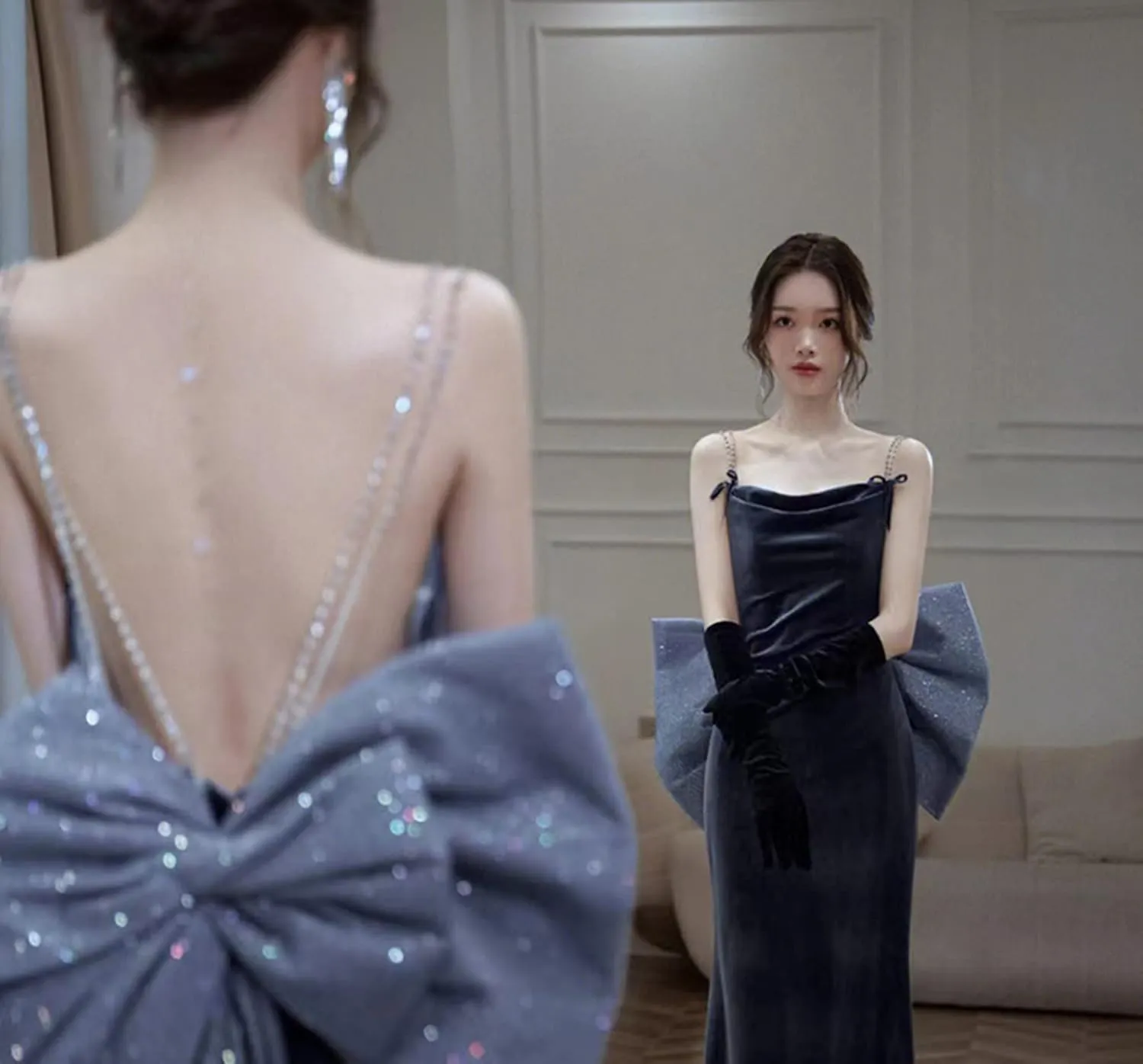Women's Open Back Velvet Bodycon Long Formal Evening Dresses with Bow