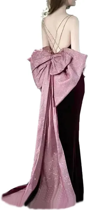 Women's Open Back Velvet Bodycon Long Formal Evening Dresses with Bow