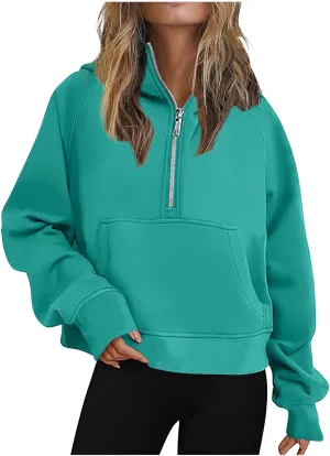Womens Oversized Hoodies Half Zipper Fleece Cropped Sweatshirt Oversized Long Sleeve Pullover with Pocket