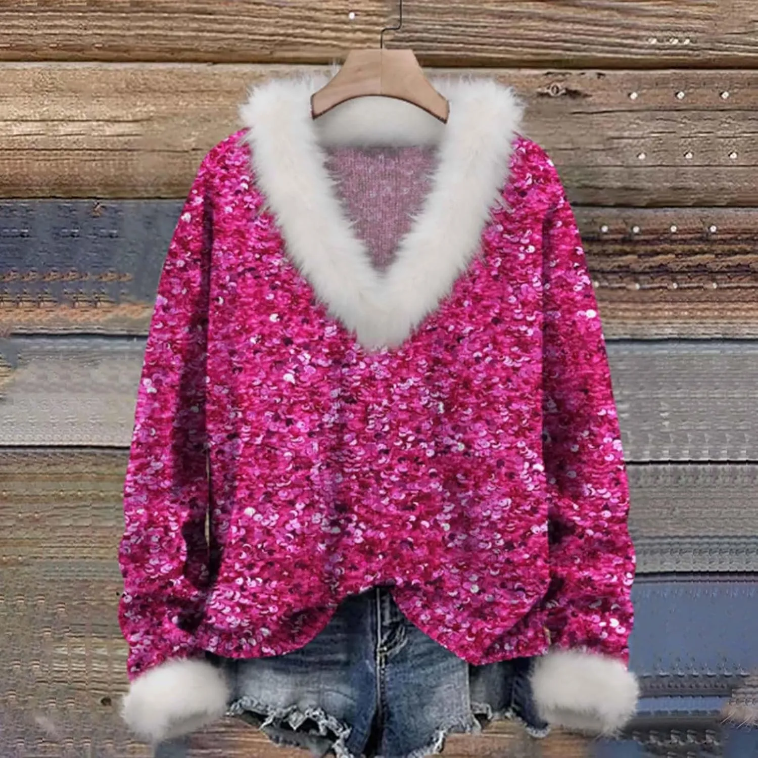 Womens Oversized Sweatshirt Loose V Neck Fleece Long Sleeve Pullovers Waffle Knit Winter Warm Tops Blouses Clothes