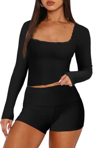 Womens Pajama Sets 2 Piece Lace Trim Ribbed Knit Long Sleeve Top and Shorts PJ Lounge Set Outfits