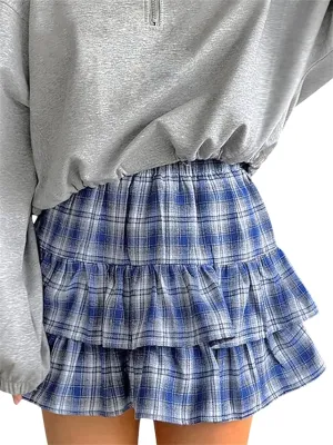 Women's Plaid A Line Pleated Skirt Casual Pleated Ruffle Mini Skirt Tiered Layered Short Skirts Checkered Smocked Skirt