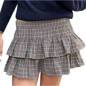 Women's Plaid A Line Pleated Skirt Casual Pleated Ruffle Mini Skirt Tiered Layered Short Skirts Checkered Smocked Skirt