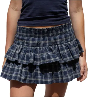 Women's Plaid A Line Pleated Skirt Casual Pleated Ruffle Mini Skirt Tiered Layered Short Skirts Checkered Smocked Skirt