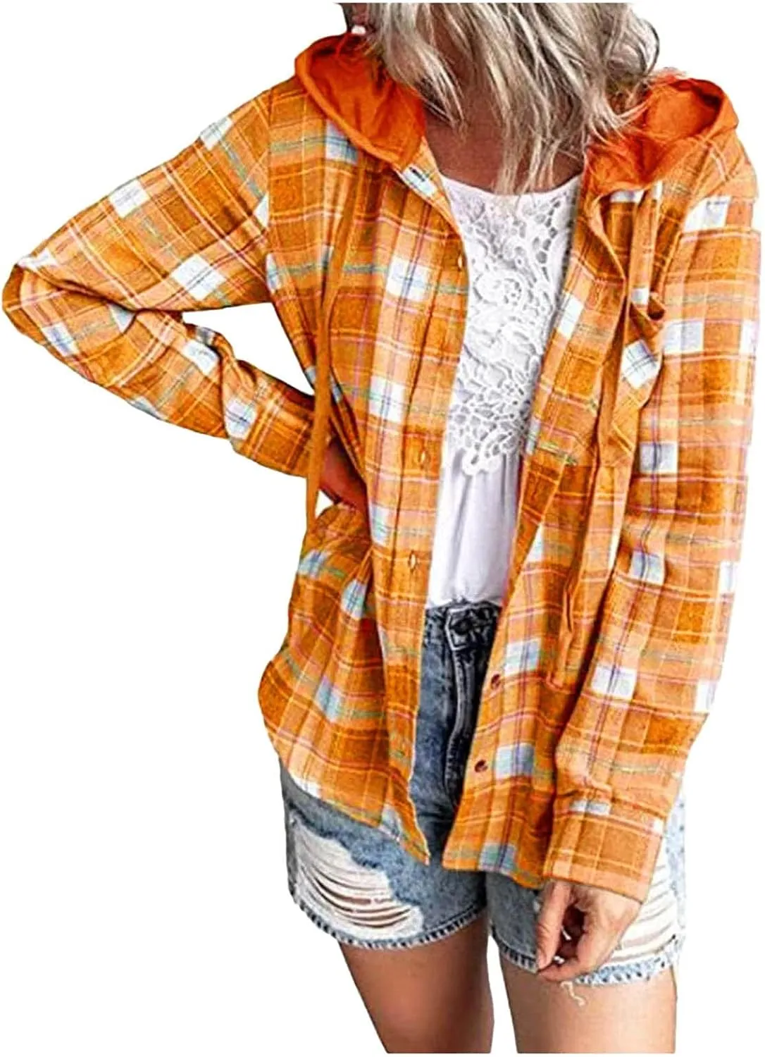 Womens Plaid Jacket Casual Button Down Checkered Hooded Jackets Oversized Loose Lightweight Shackets Outerwear