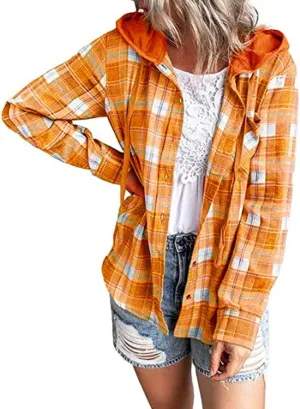 Womens Plaid Jacket Casual Button Down Checkered Hooded Jackets Oversized Loose Lightweight Shackets Outerwear