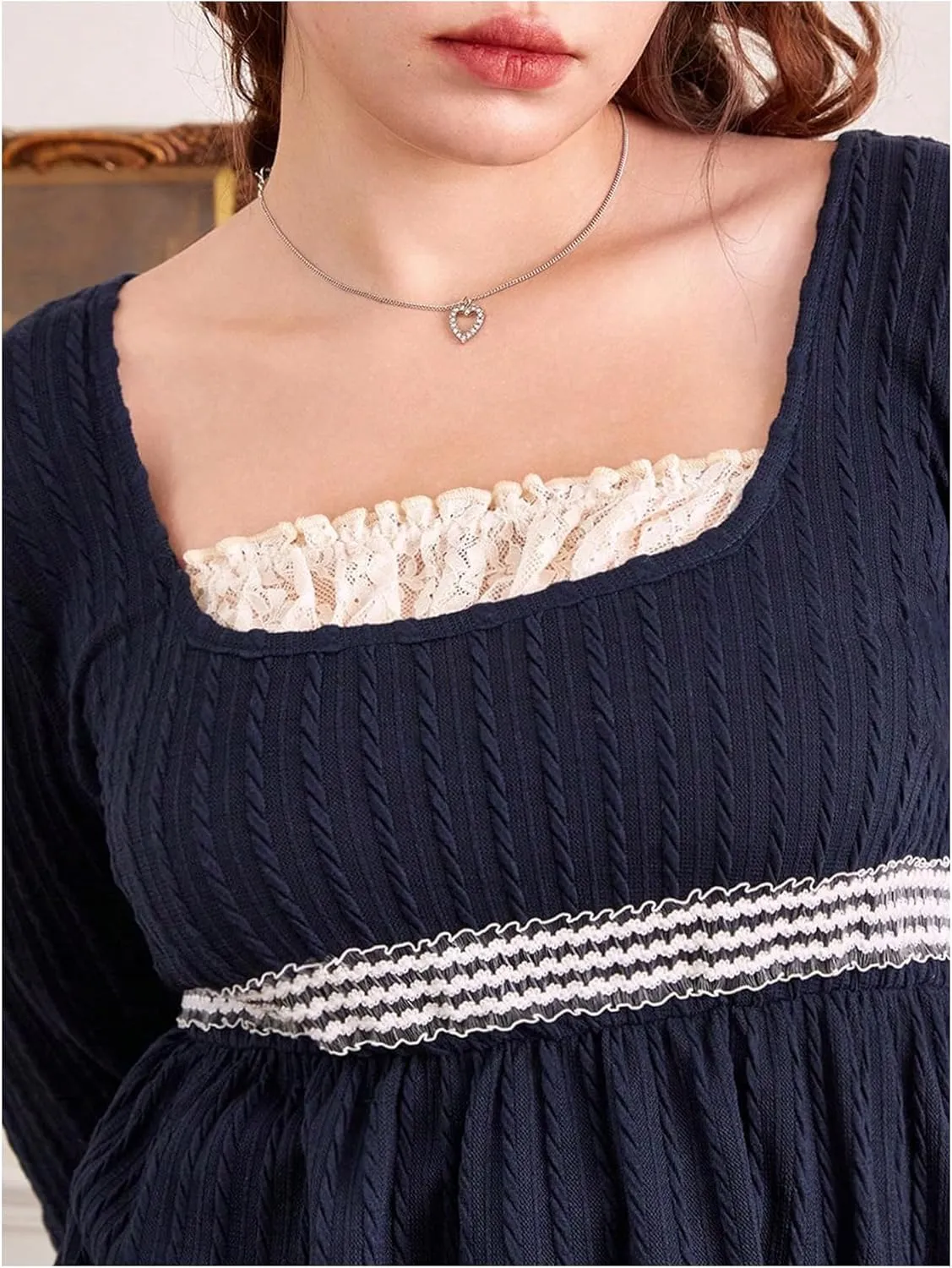 Women's Plus Size Textured Square Neck Long Sleeve T-Shirt Lace Trim Ruffle Hem Peplum Tee Tops