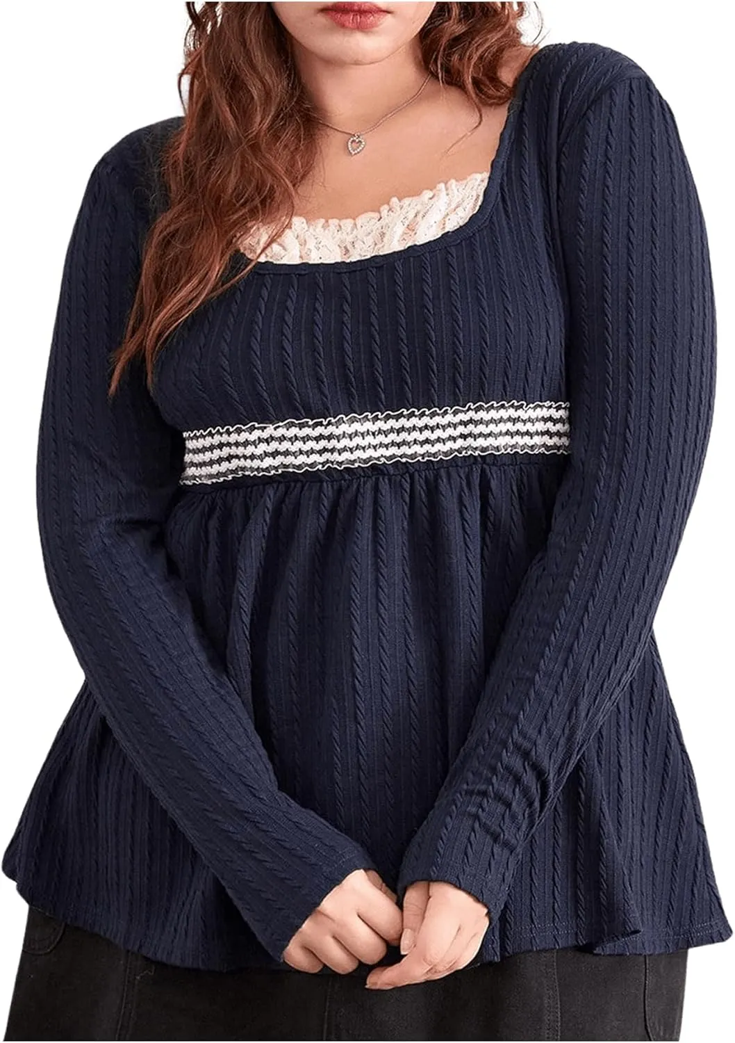 Women's Plus Size Textured Square Neck Long Sleeve T-Shirt Lace Trim Ruffle Hem Peplum Tee Tops