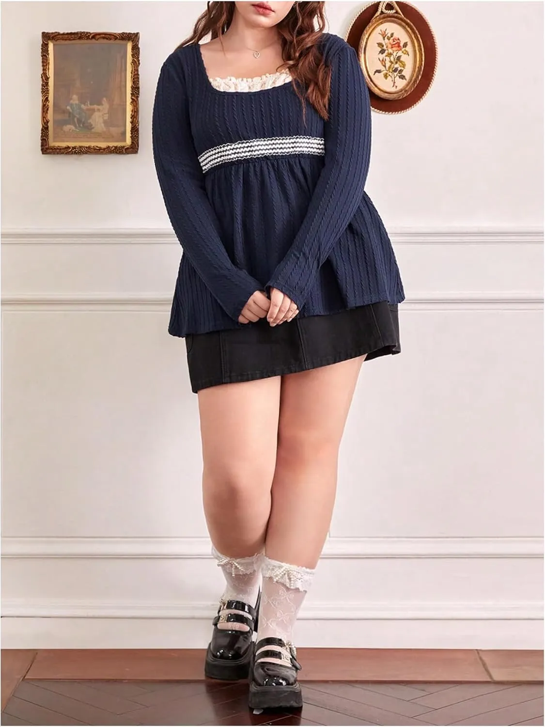 Women's Plus Size Textured Square Neck Long Sleeve T-Shirt Lace Trim Ruffle Hem Peplum Tee Tops