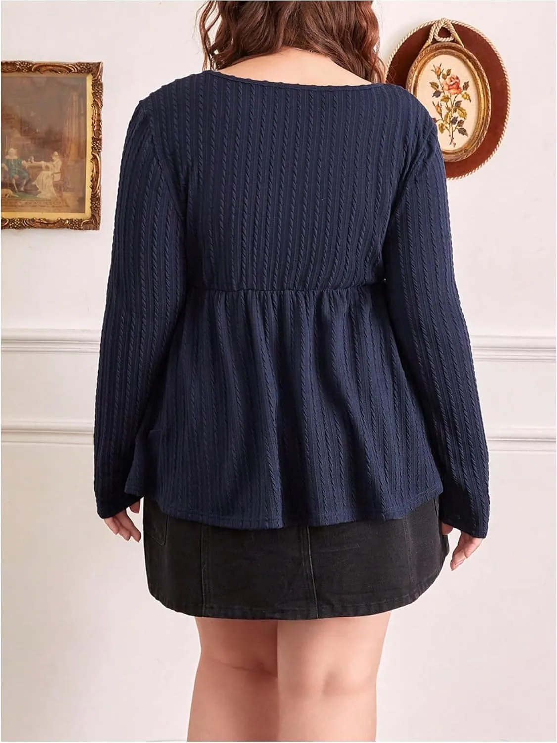 Women's Plus Size Textured Square Neck Long Sleeve T-Shirt Lace Trim Ruffle Hem Peplum Tee Tops