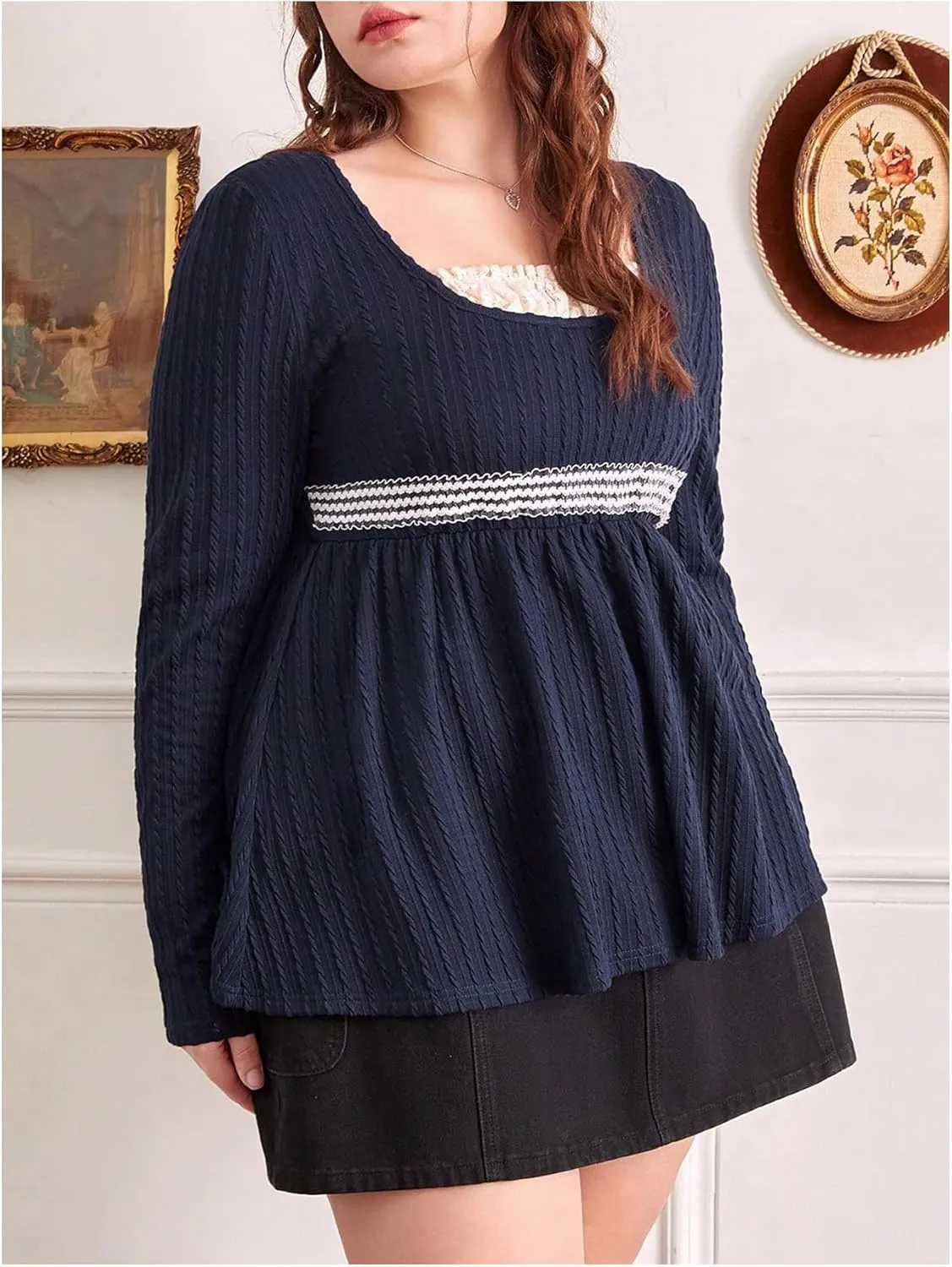 Women's Plus Size Textured Square Neck Long Sleeve T-Shirt Lace Trim Ruffle Hem Peplum Tee Tops
