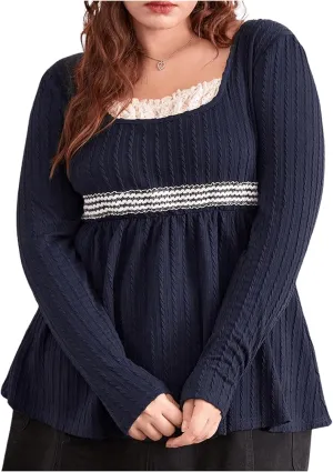 Women's Plus Size Textured Square Neck Long Sleeve T-Shirt Lace Trim Ruffle Hem Peplum Tee Tops