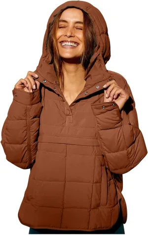 Women's Quilted Pullover Puffer Jackets Lightweight Button Outwear Winter Warm Oversized Packable Hooded Coat Tops