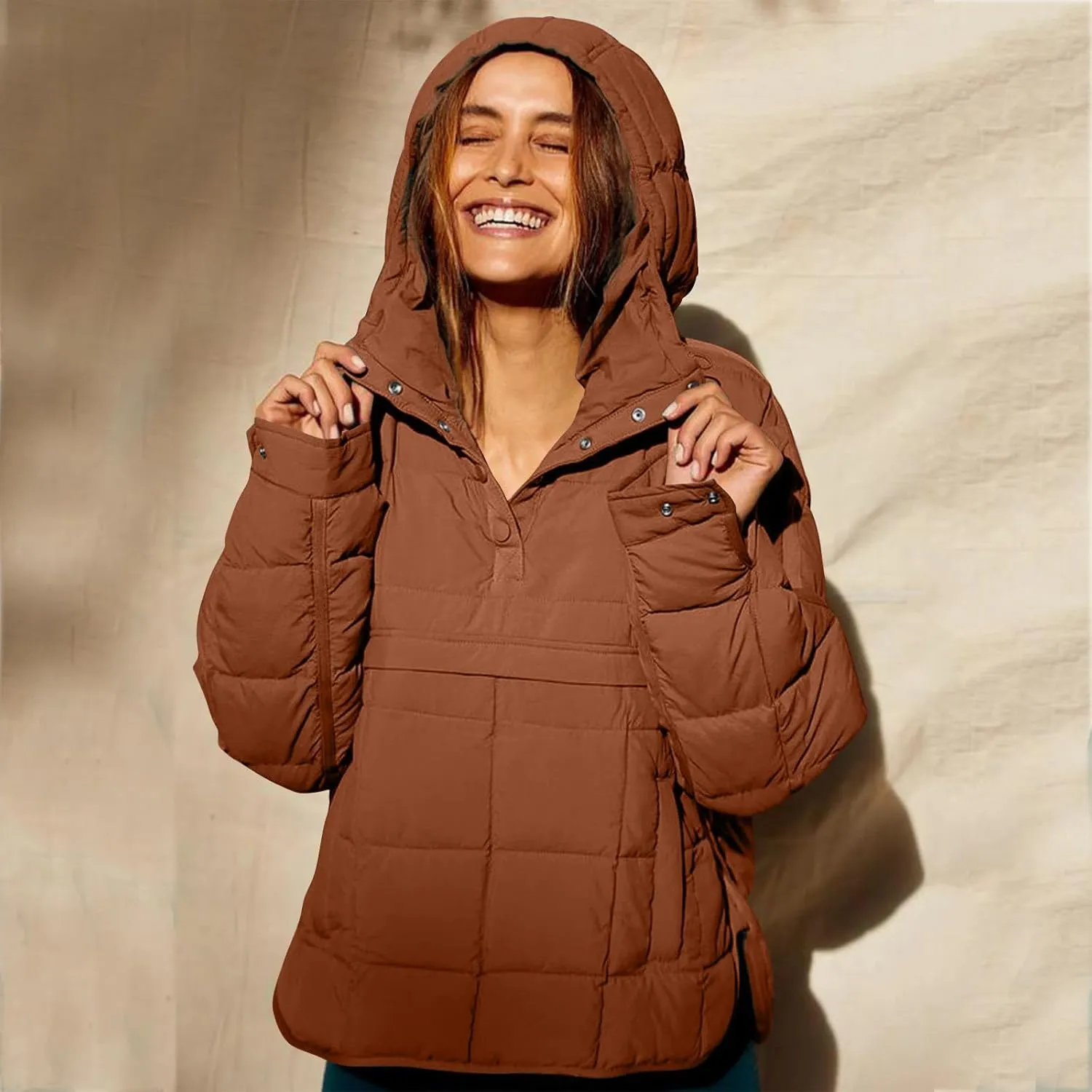 Women's Quilted Pullover Puffer Jackets Lightweight Button Outwear Winter Warm Oversized Packable Hooded Coat Tops