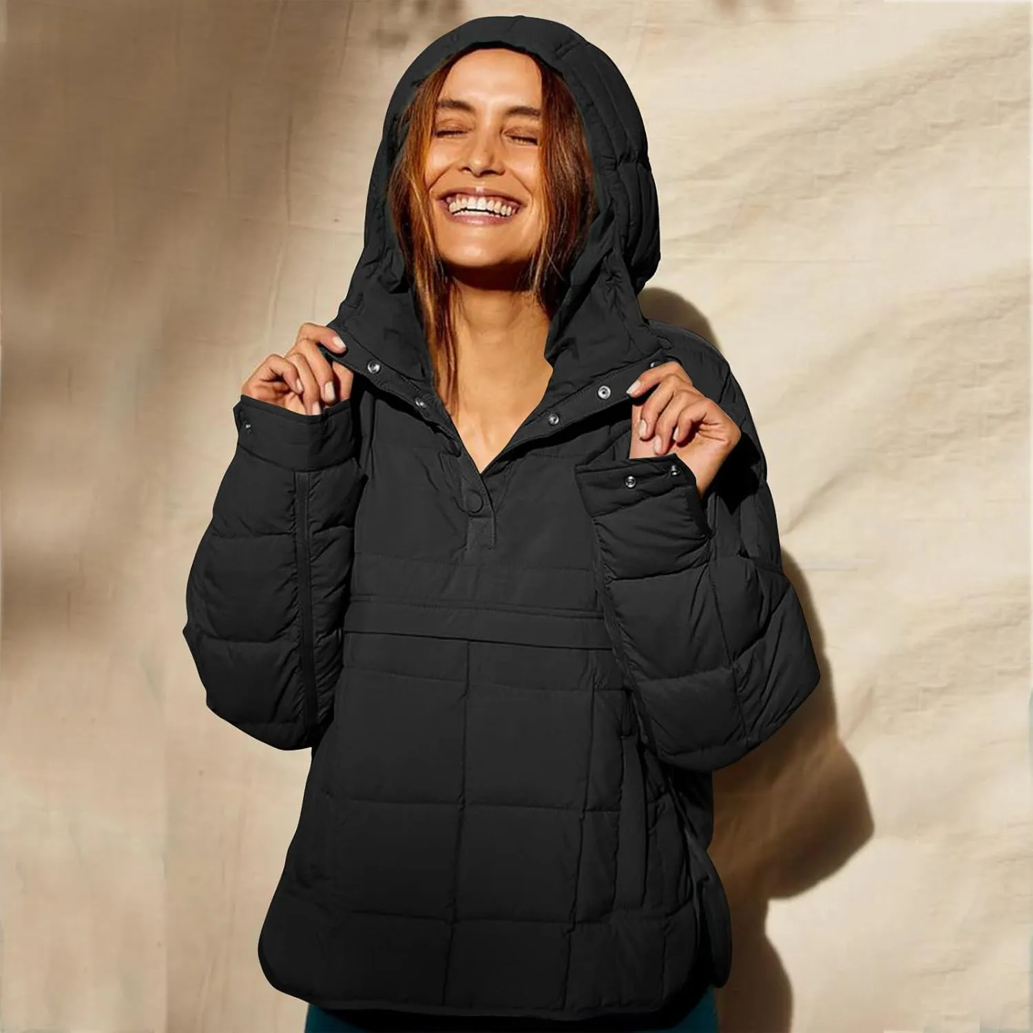 Women's Quilted Pullover Puffer Jackets Lightweight Button Outwear Winter Warm Oversized Packable Hooded Coat Tops