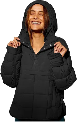 Women's Quilted Pullover Puffer Jackets Lightweight Button Outwear Winter Warm Oversized Packable Hooded Coat Tops