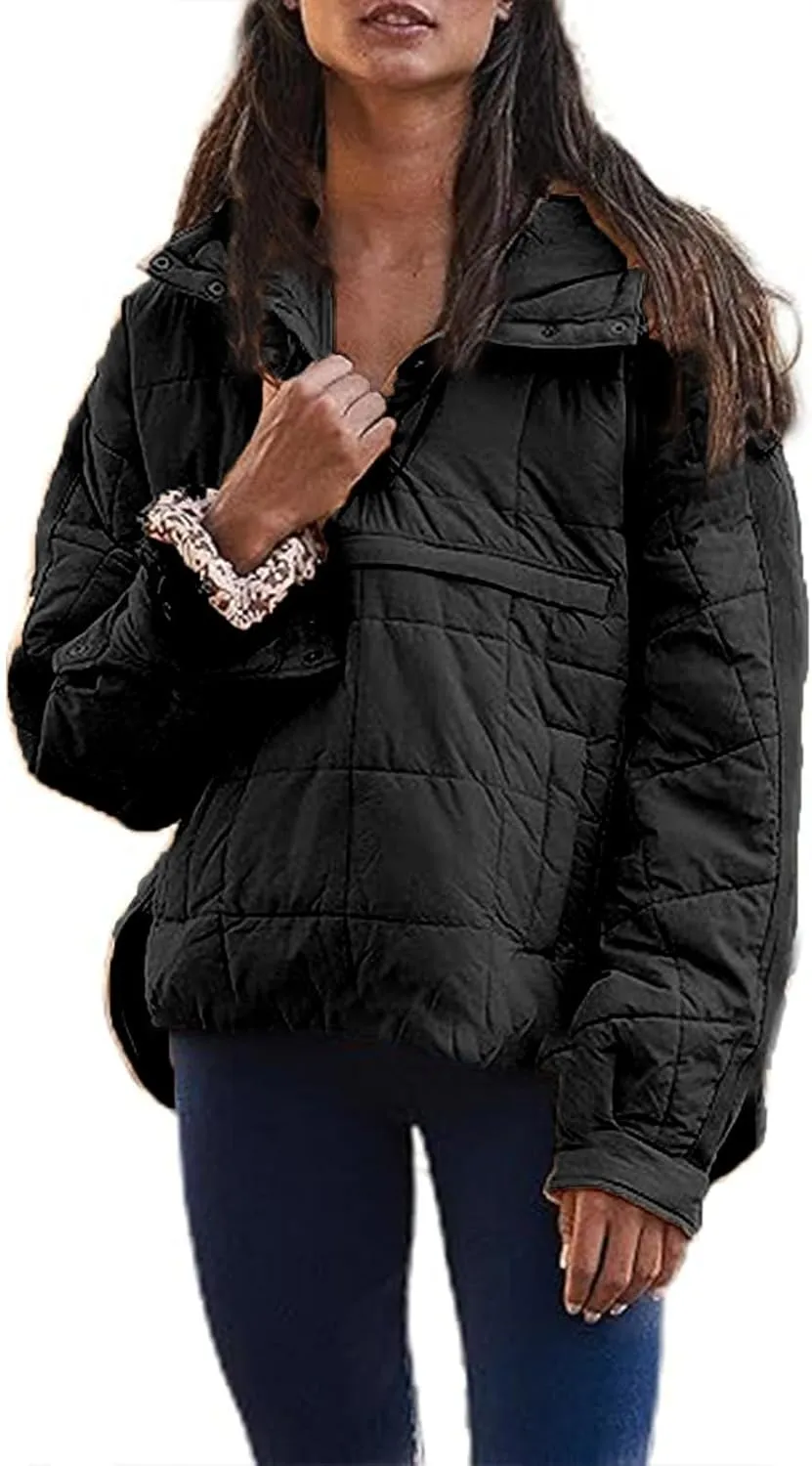 Women's Quilted Pullover Puffer Jackets Lightweight Button Outwear Winter Warm Oversized Packable Hooded Coat Tops