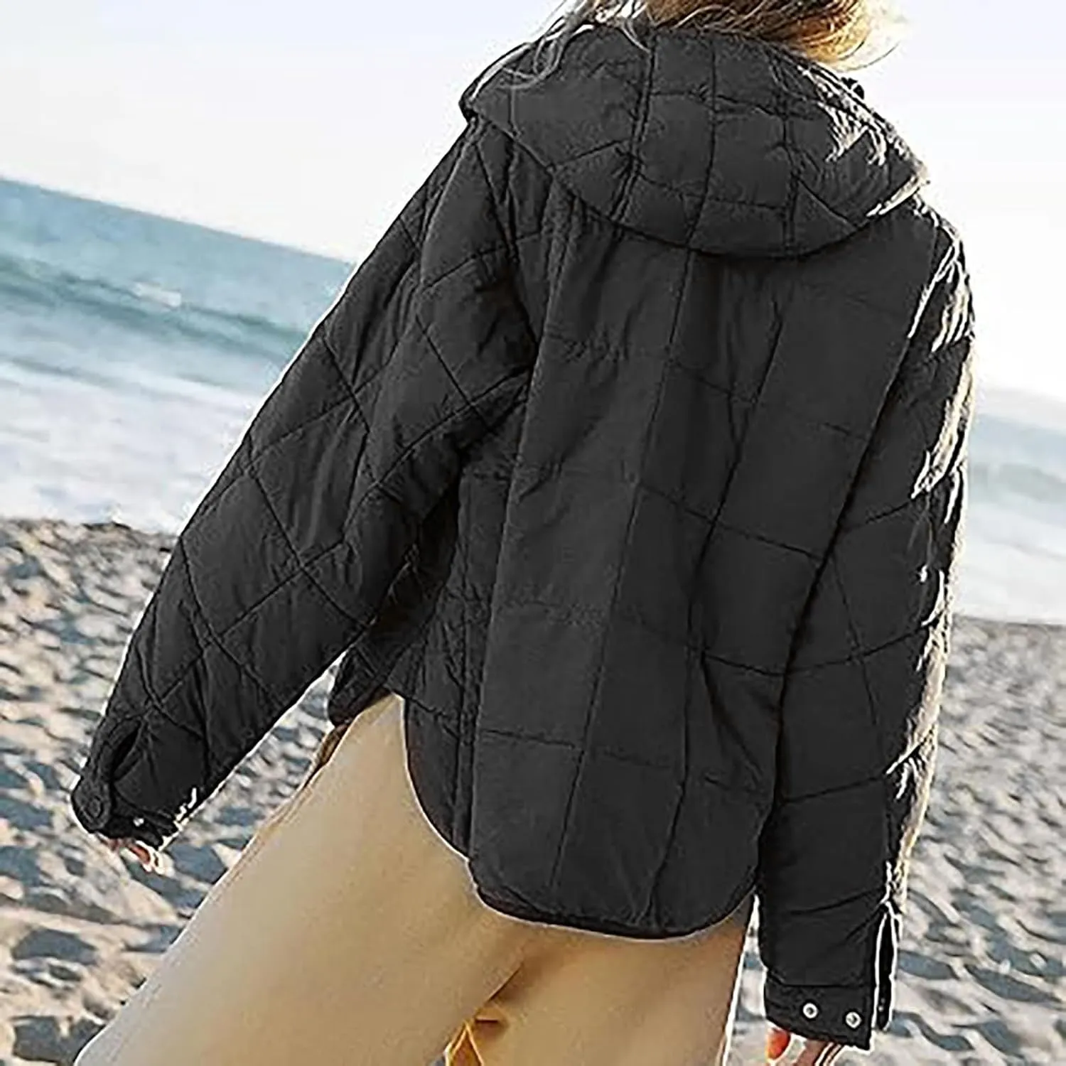 Women's Quilted Pullover Puffer Jackets Lightweight Button Outwear Winter Warm Oversized Packable Hooded Coat Tops