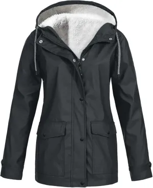 Women's Raincoats Plus Size Fleece-Lined Jacket Waterproof Winter Ski Jacket Outdoor Hooded Hiking Coats Windbreaker