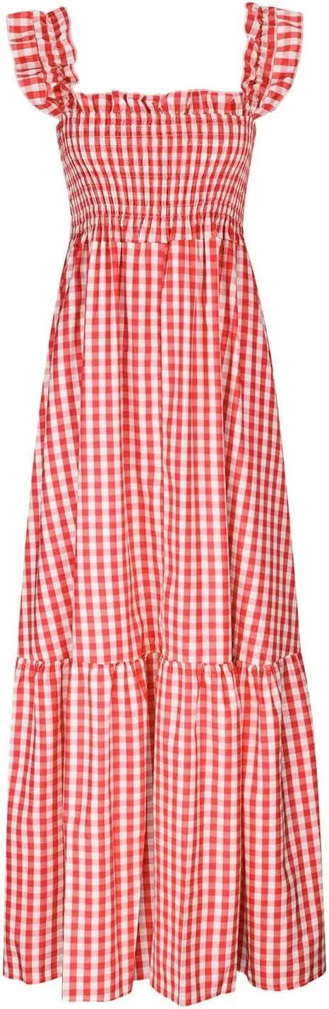 Womens Retro Plaid Smocked Dress Casual Summer Spaghetti Strap Square Neck Midi Dress Flowy A Line Long Dresses