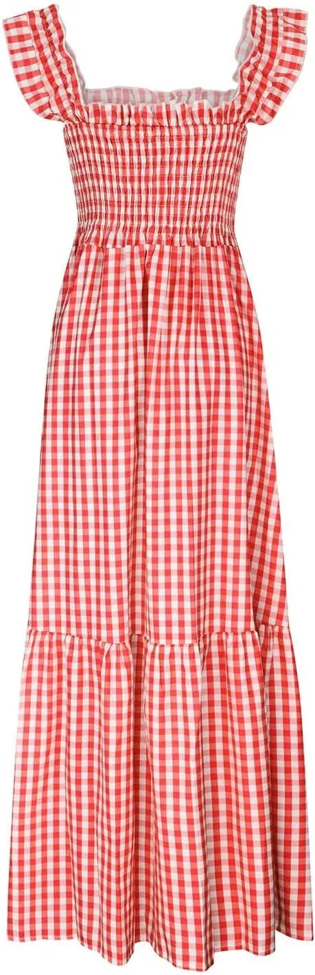 Womens Retro Plaid Smocked Dress Casual Summer Spaghetti Strap Square Neck Midi Dress Flowy A Line Long Dresses